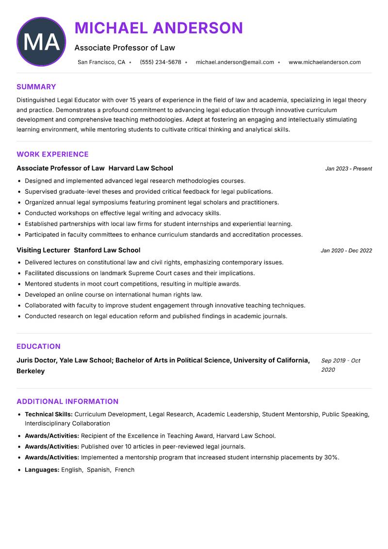 Legal Educator resume example
