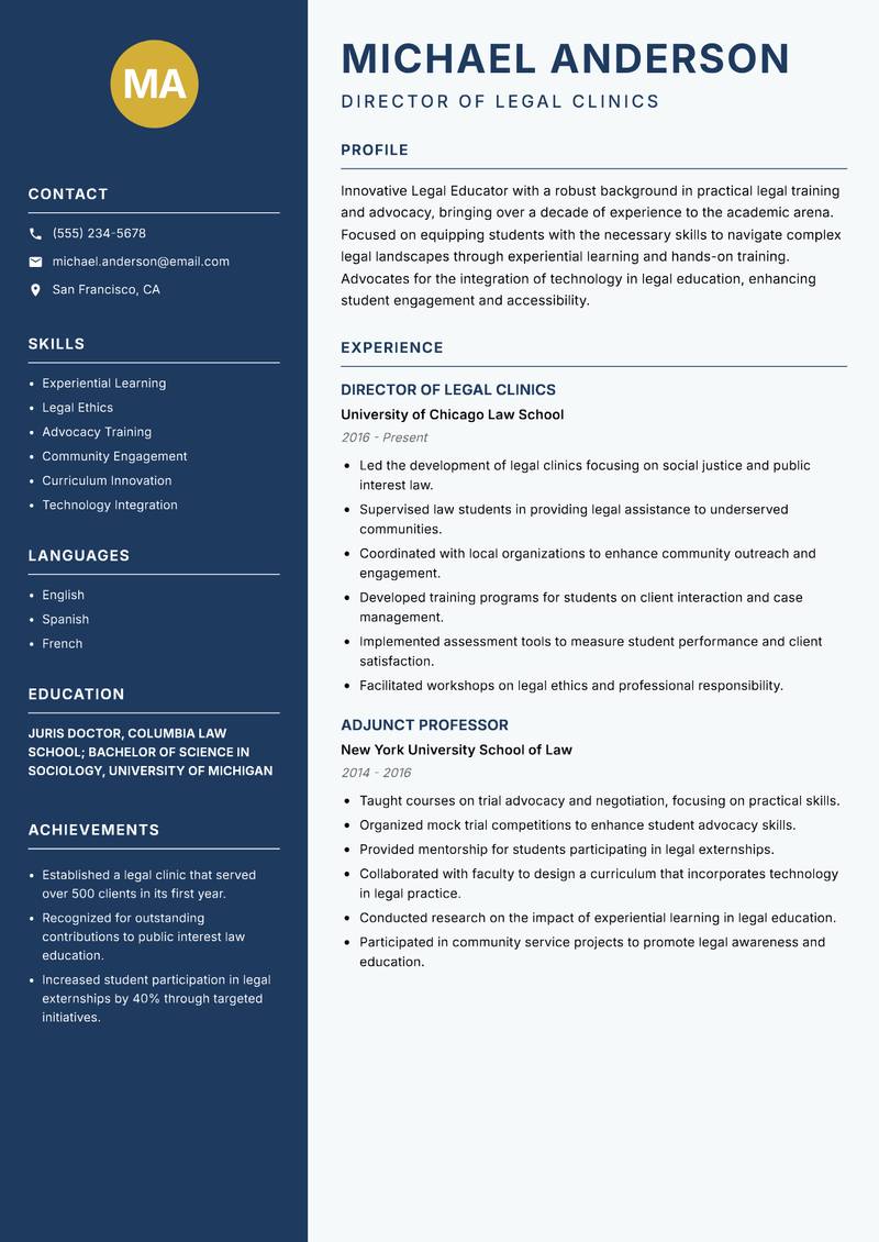 Legal Educator resume sample — Director of Legal Clinics focus
