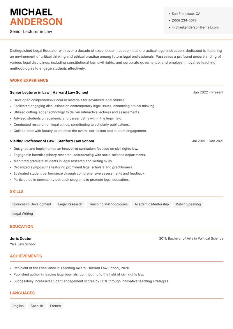 Legal Educator resume sample — Senior Lecturer in Law focus