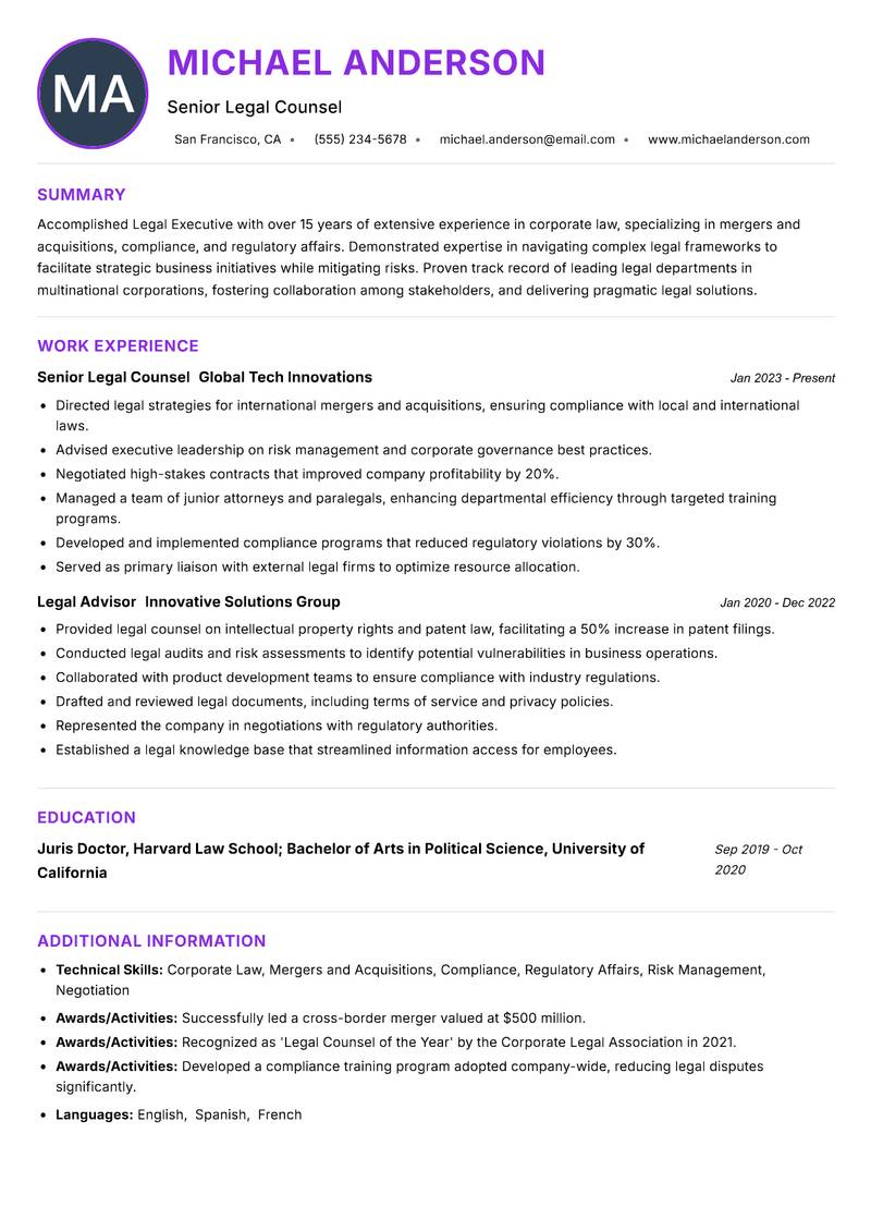 Legal Executive resume example