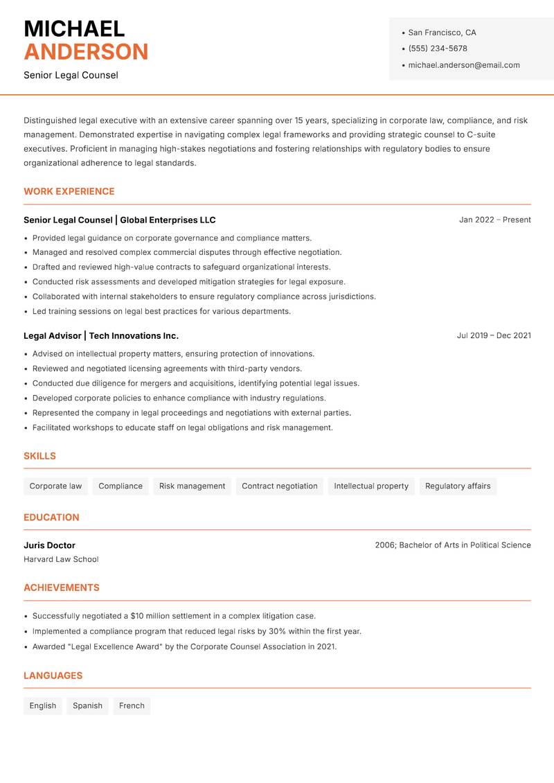 Legal Executive resume sample — Senior Legal Counsel focus