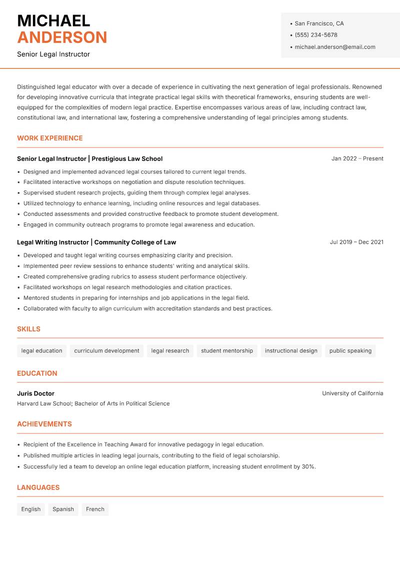 Legal Instructor resume sample — Senior Legal Instructor focus