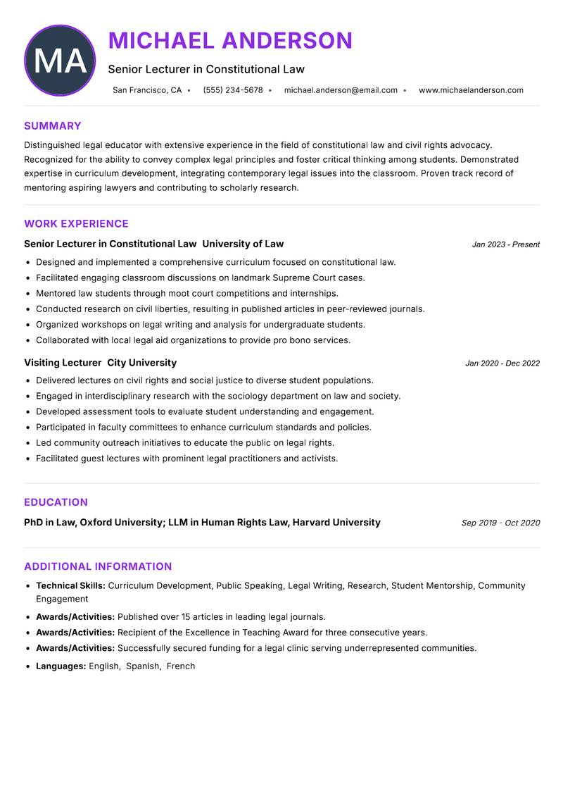 Legal Lecturer resume example