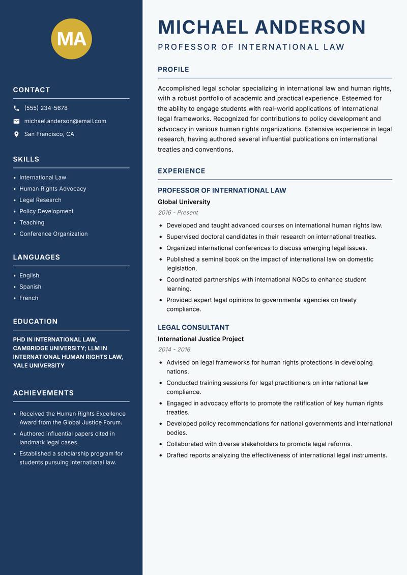 Legal Lecturer resume sample — Professor of International Law focus