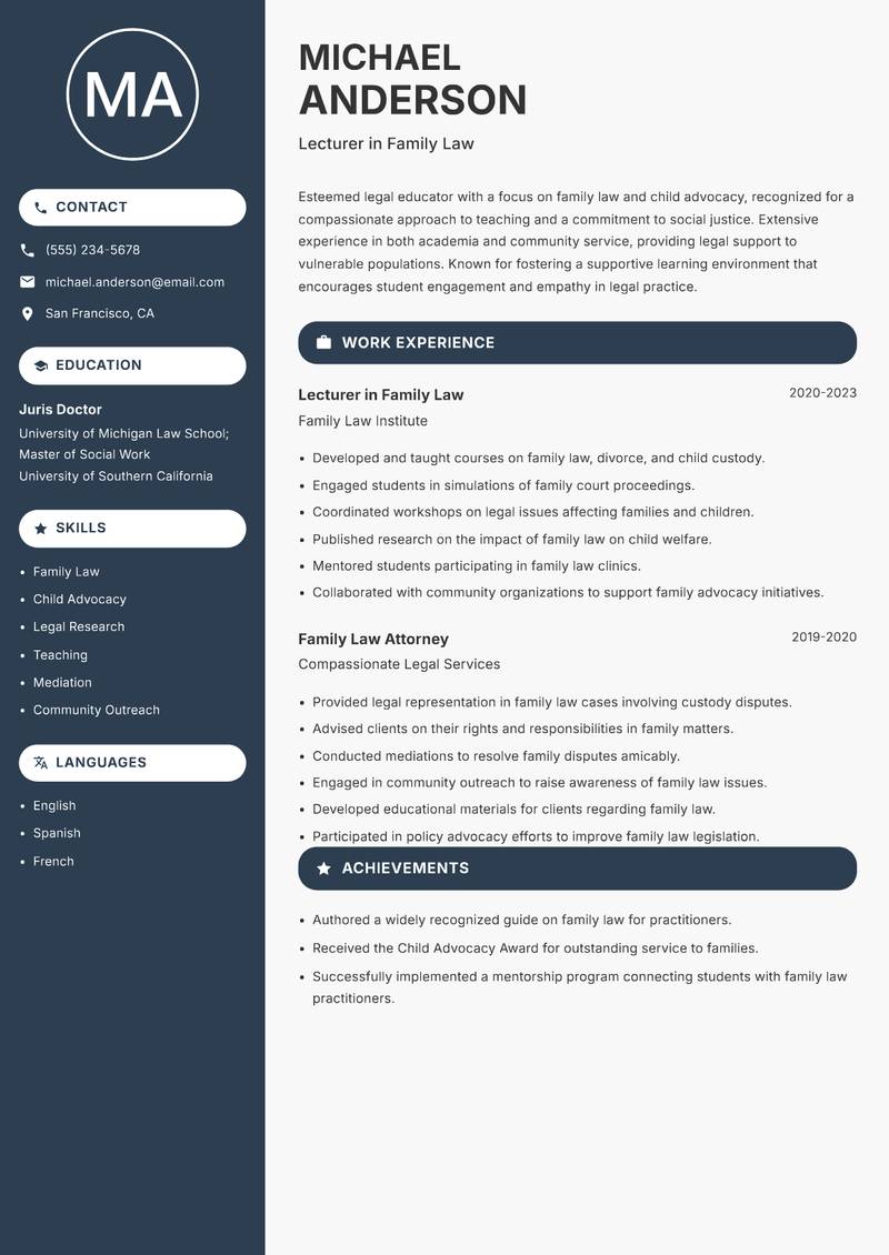 Legal Lecturer resume sample — Lecturer in Family Law focus