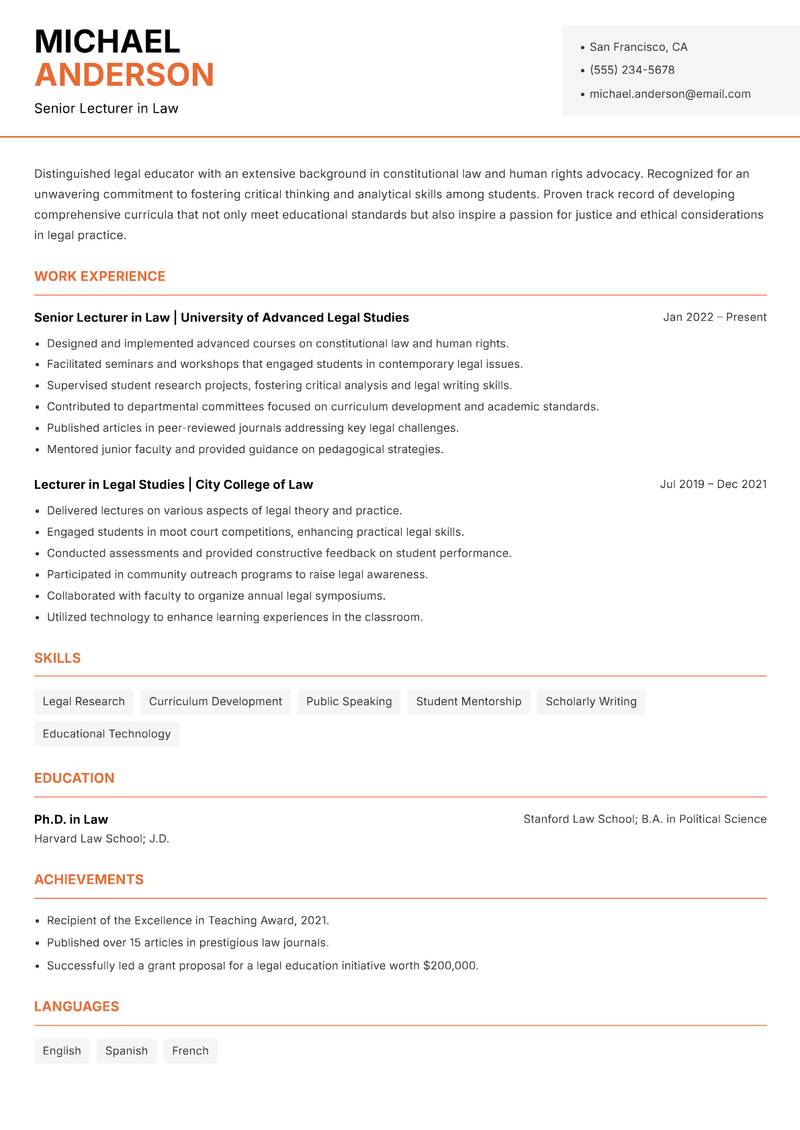 Legal Lecturer resume sample — Senior Lecturer in Law focus