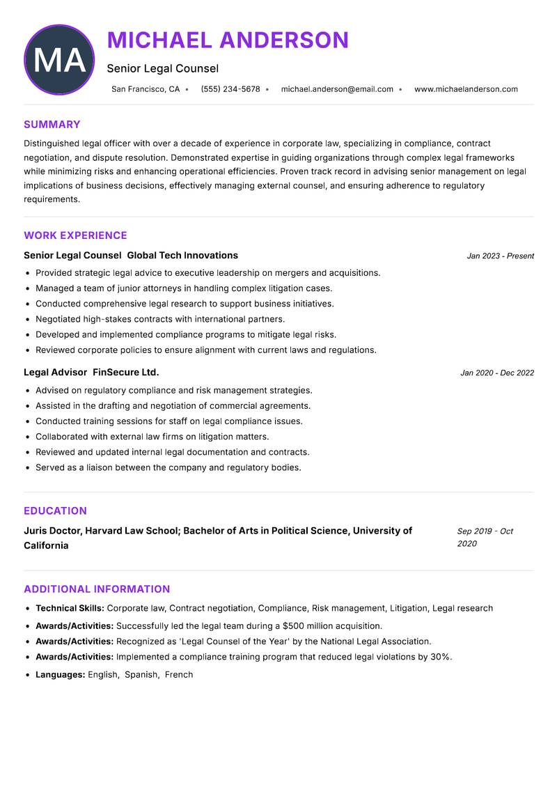 Legal Officer resume example