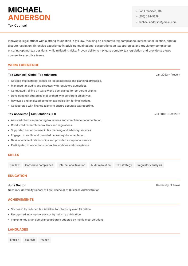 Legal Officer resume sample — Tax Counsel focus