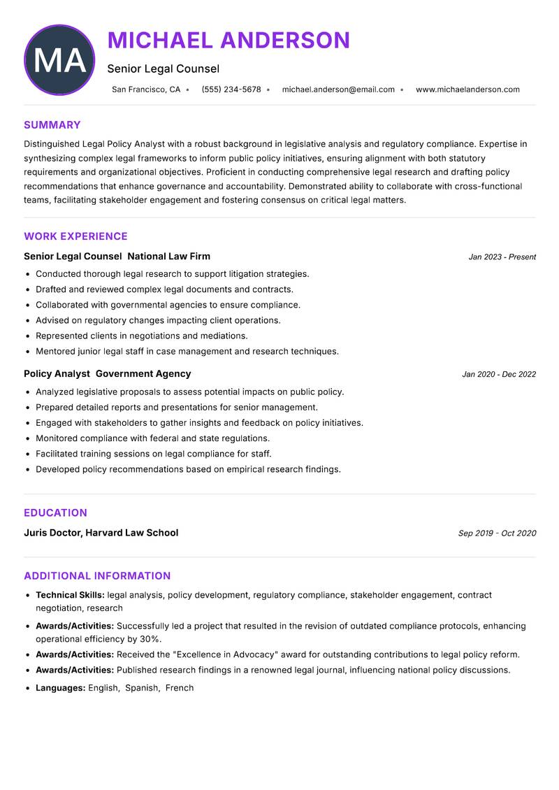 Legal Policy Analyst resume example