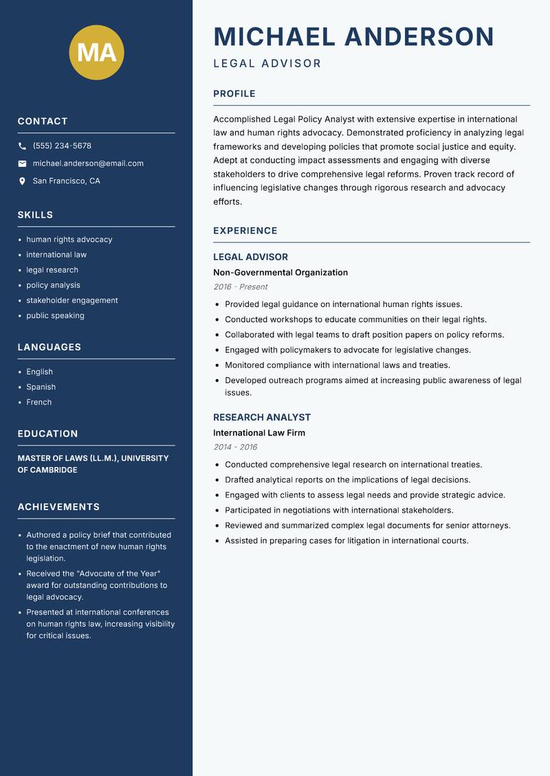 Legal Policy Analyst resume sample — Legal Advisor focus