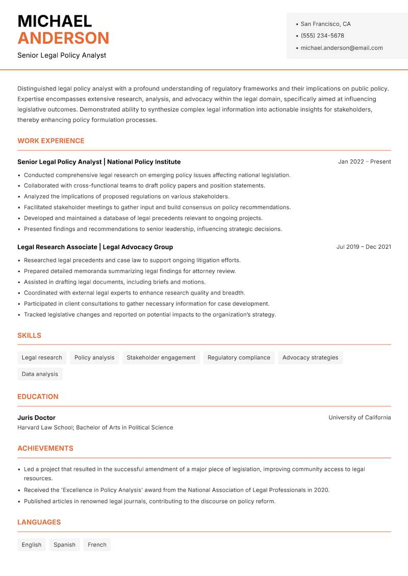 Legal Policy Analyst resume sample — Senior Legal Policy Analyst focus