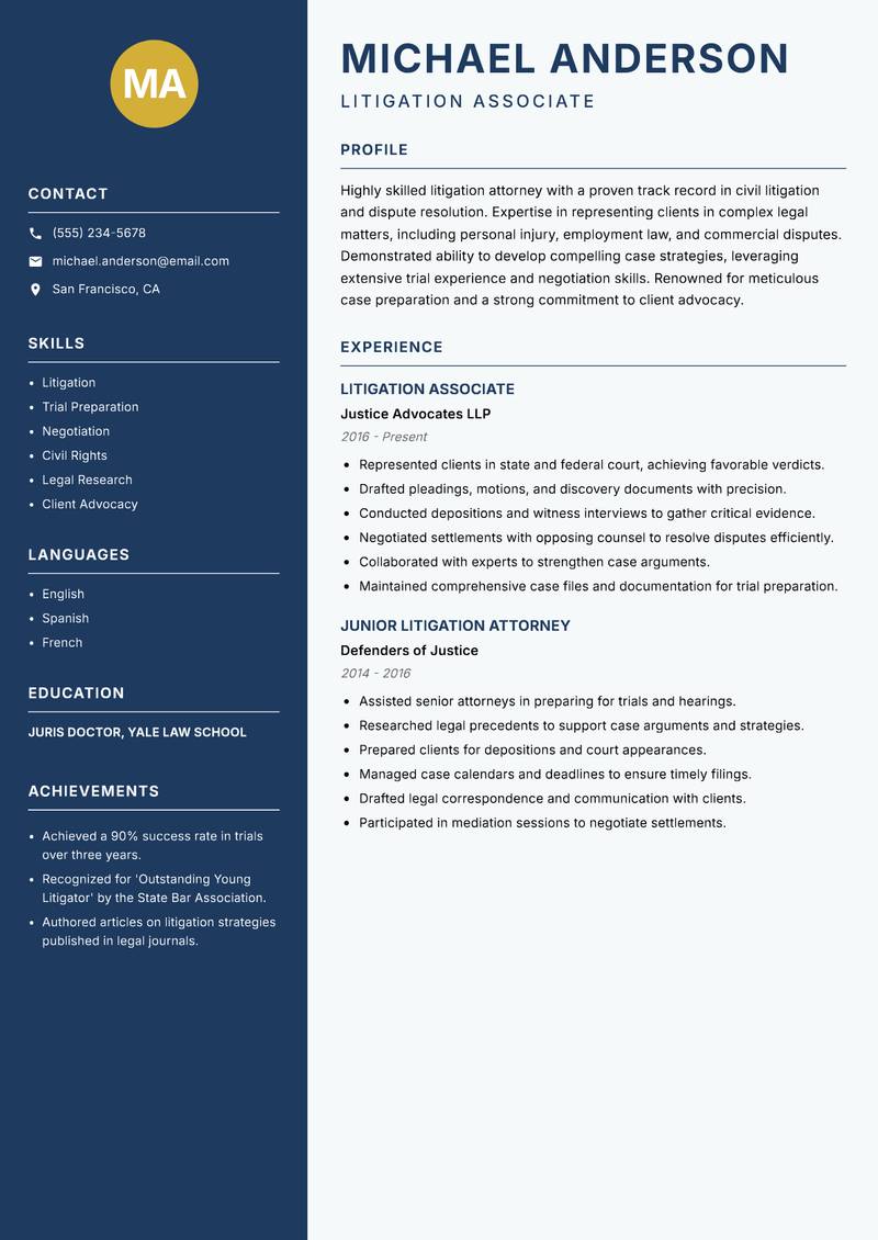 Legal Practitioner resume sample — Litigation Associate focus