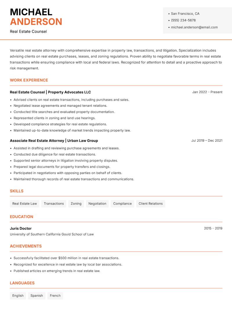 Legal Practitioner resume sample — Real Estate Counsel focus