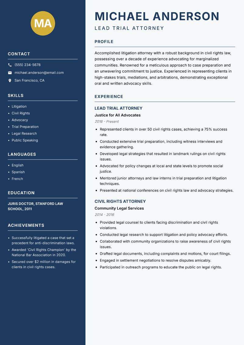 Legal Professional resume sample — Lead Trial Attorney focus