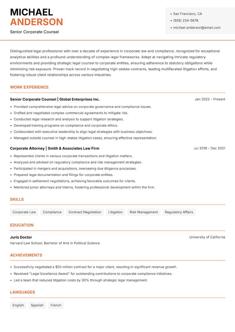 Legal Professional resume sample — Senior Corporate Counsel focus