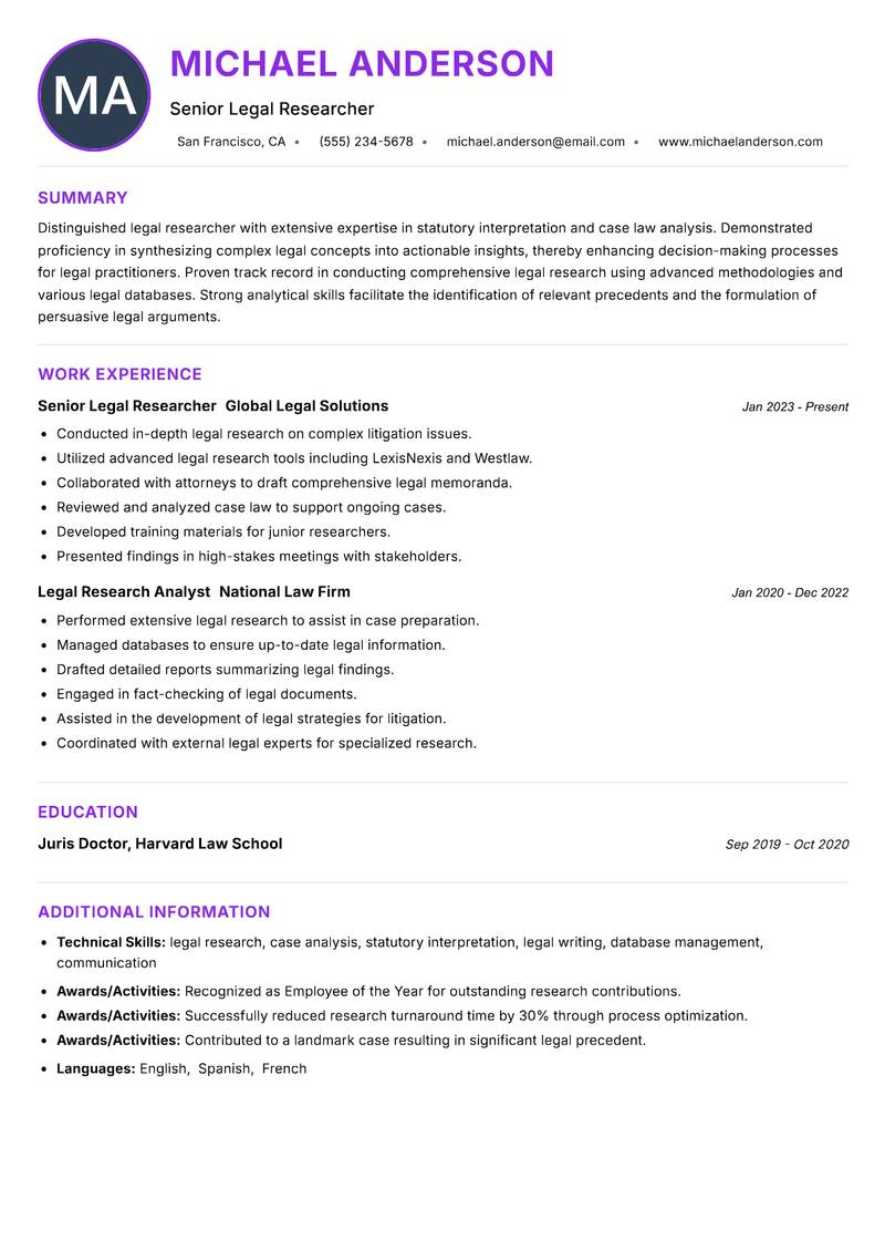 Legal Researcher resume example
