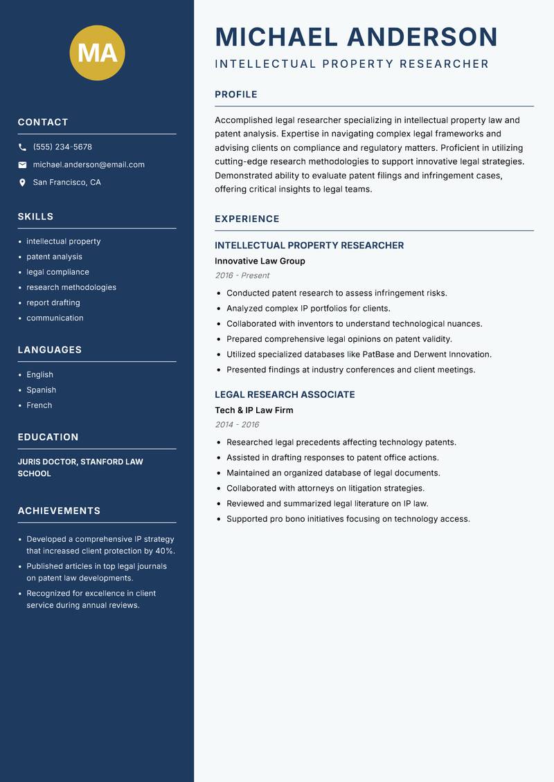 Legal Researcher resume sample — Intellectual Property Researcher focus