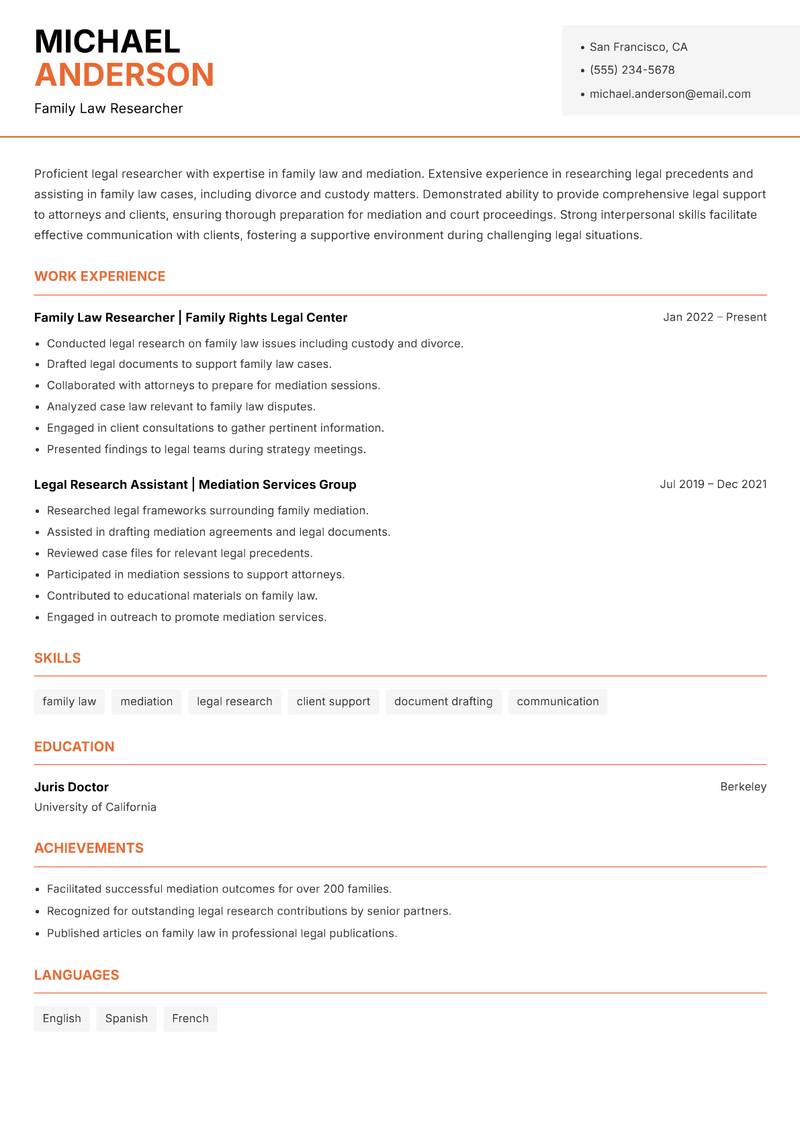 Legal Researcher resume sample — Family Law Researcher focus