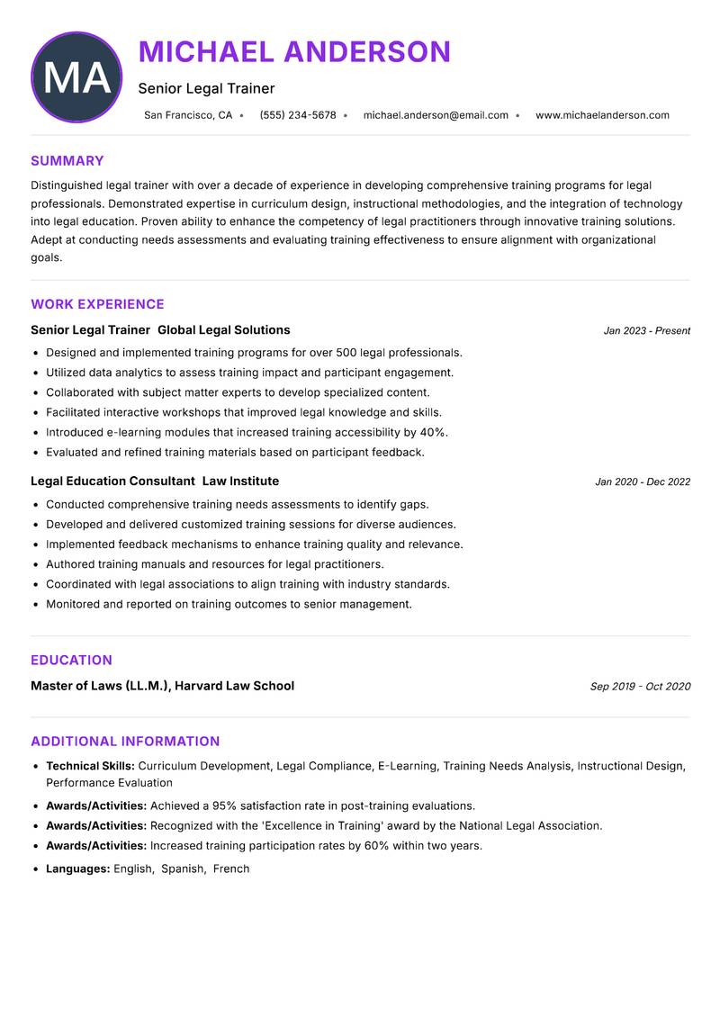 Legal Trainer resume example