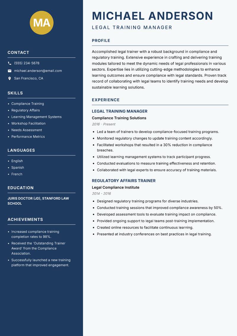 Legal Trainer resume sample — Legal Training Manager focus