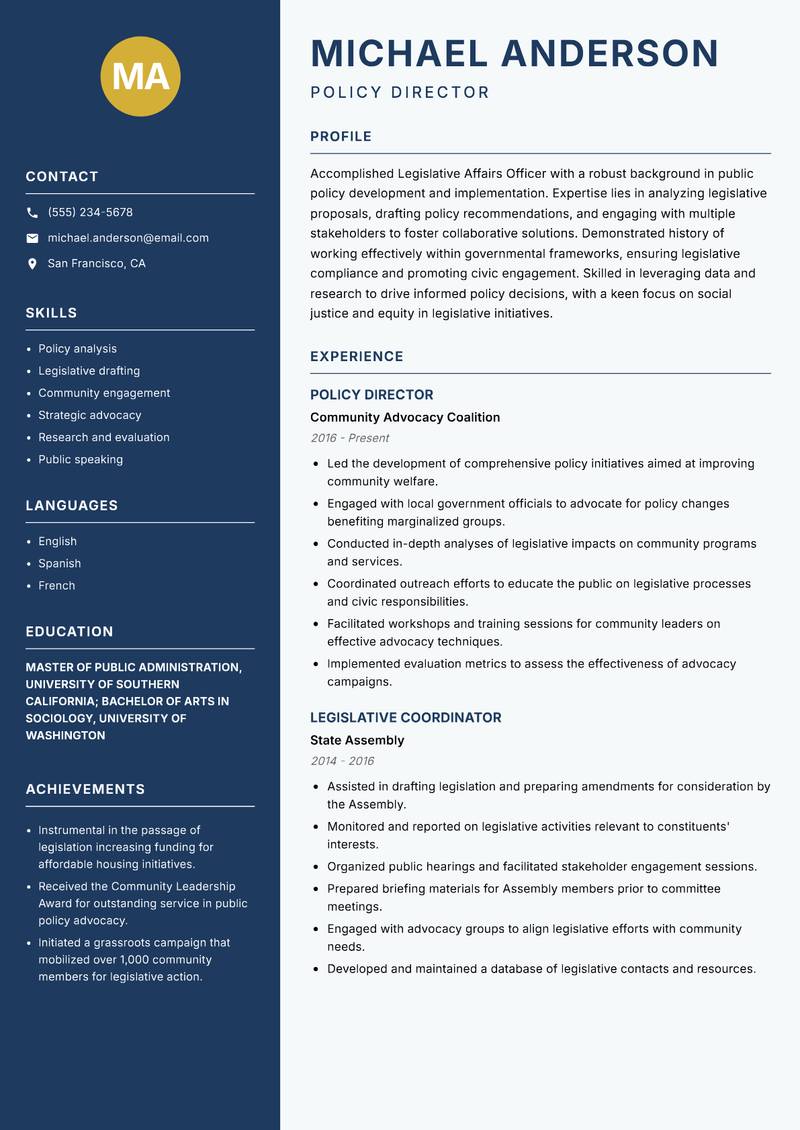 Legislative Affairs Officer resume sample — Policy Director focus