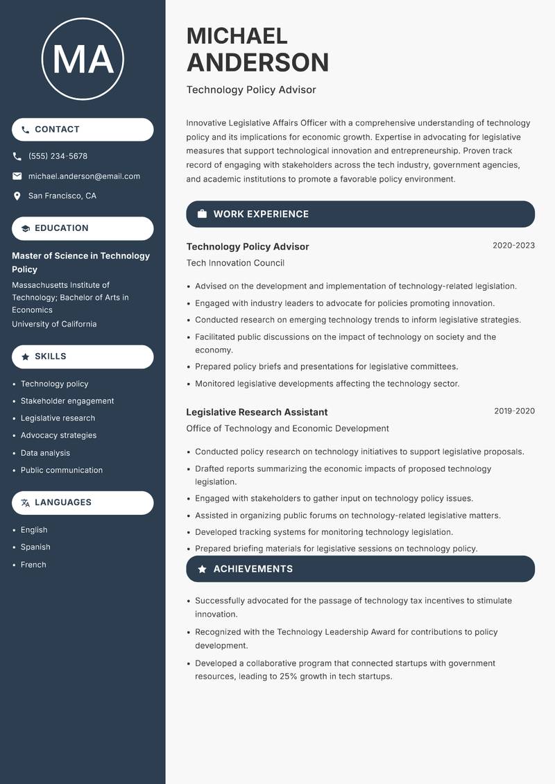 Legislative Affairs Officer resume sample — Technology Policy Advisor focus