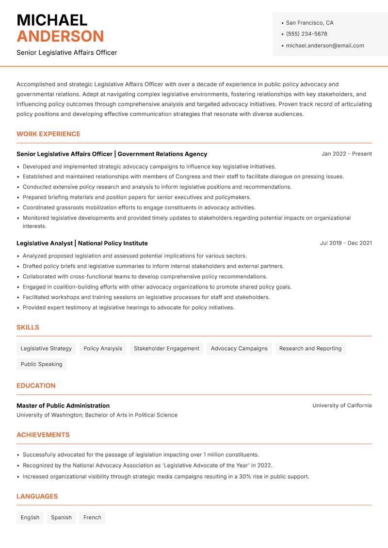 Legislative Affairs Officer resume sample — Senior Legislative Affairs Officer focus