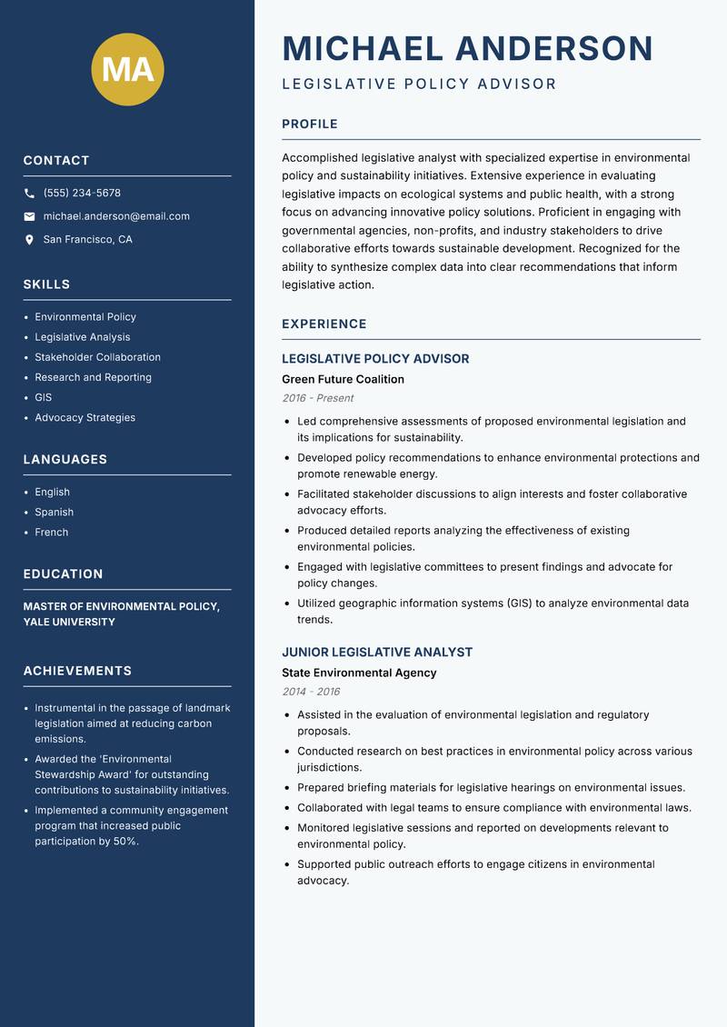 Legislative Analyst resume sample — Legislative Policy Advisor focus