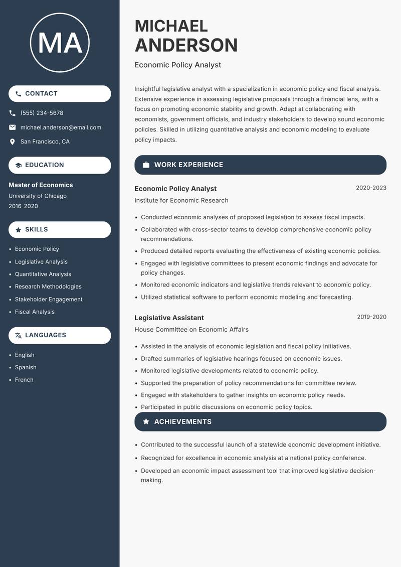 Legislative Analyst resume sample — Economic Policy Analyst focus