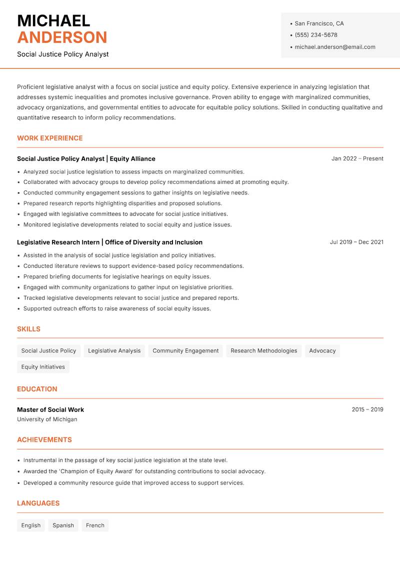 Legislative Analyst resume sample — Social Justice Policy Analyst focus