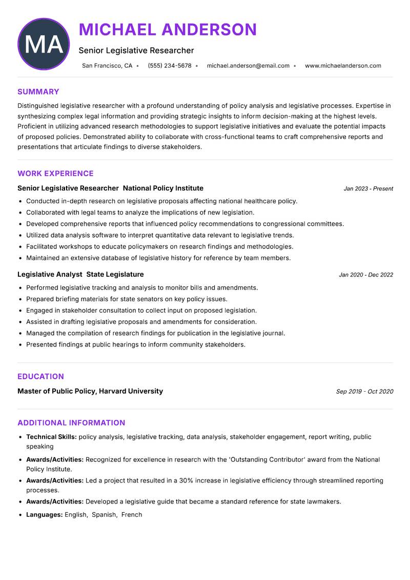 Legislative Researcher resume example