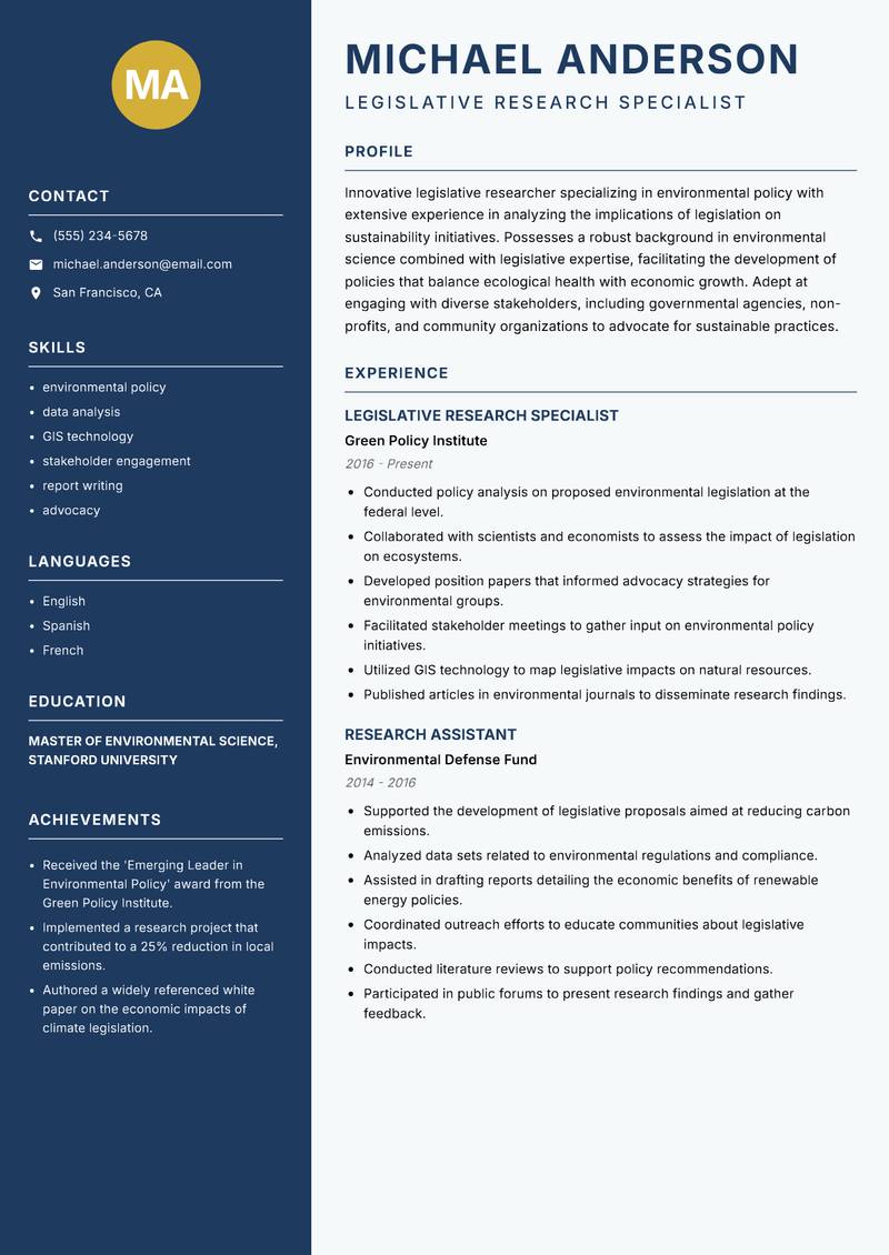 Legislative Researcher resume sample — Legislative Research Specialist focus