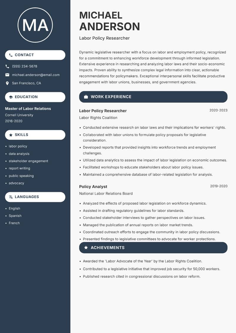 Legislative Researcher resume sample — Labor Policy Researcher focus