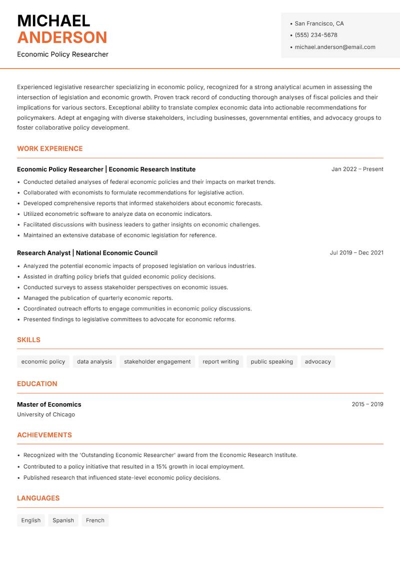 Legislative Researcher resume sample — Economic Policy Researcher focus