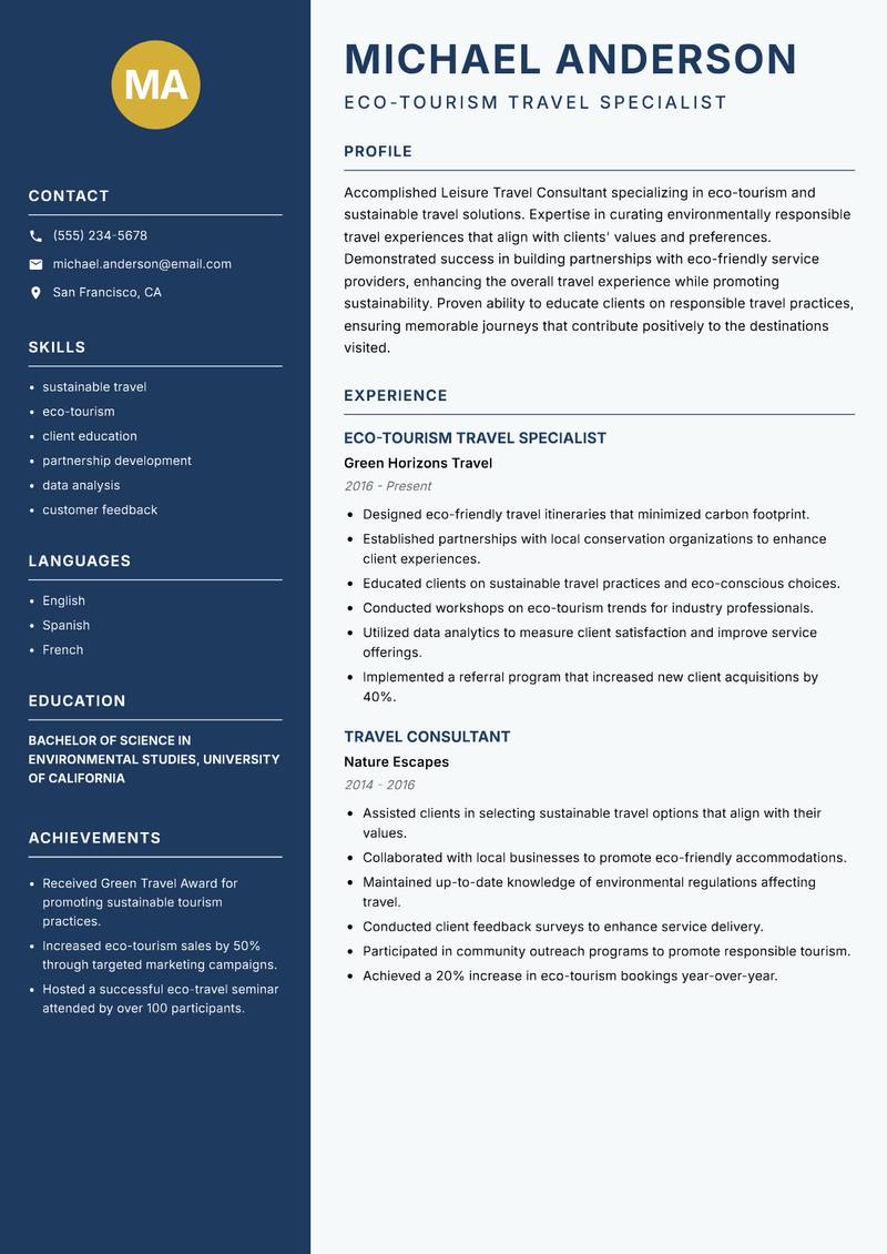 Leisure Travel Consultant resume sample — Eco-Tourism Travel Specialist focus