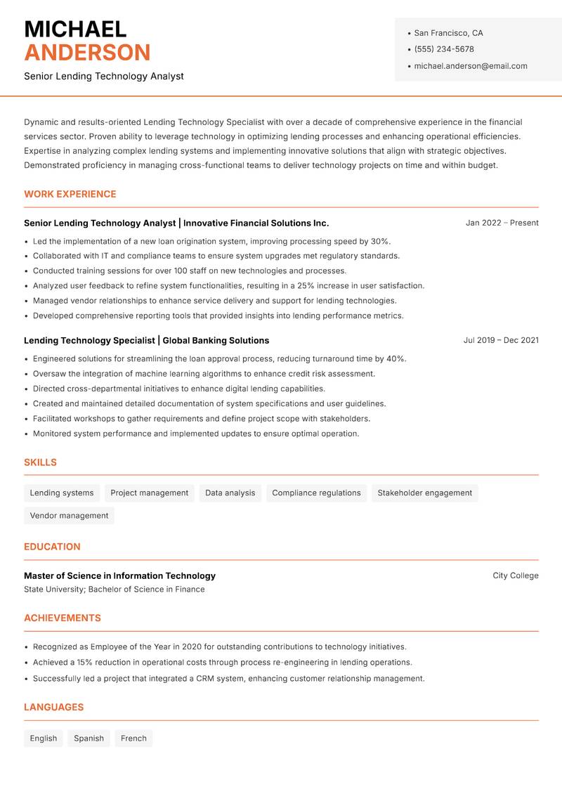 Lending Technology Specialist resume sample — Senior Lending Technology Analyst focus