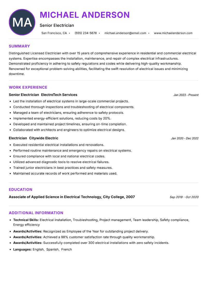 Licensed Electrician resume example