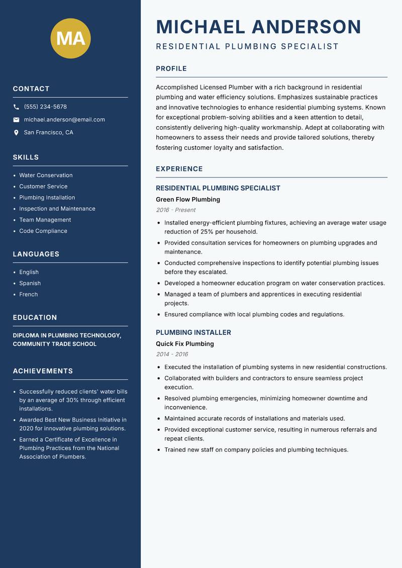 Licensed Plumber resume sample — Residential Plumbing Specialist focus