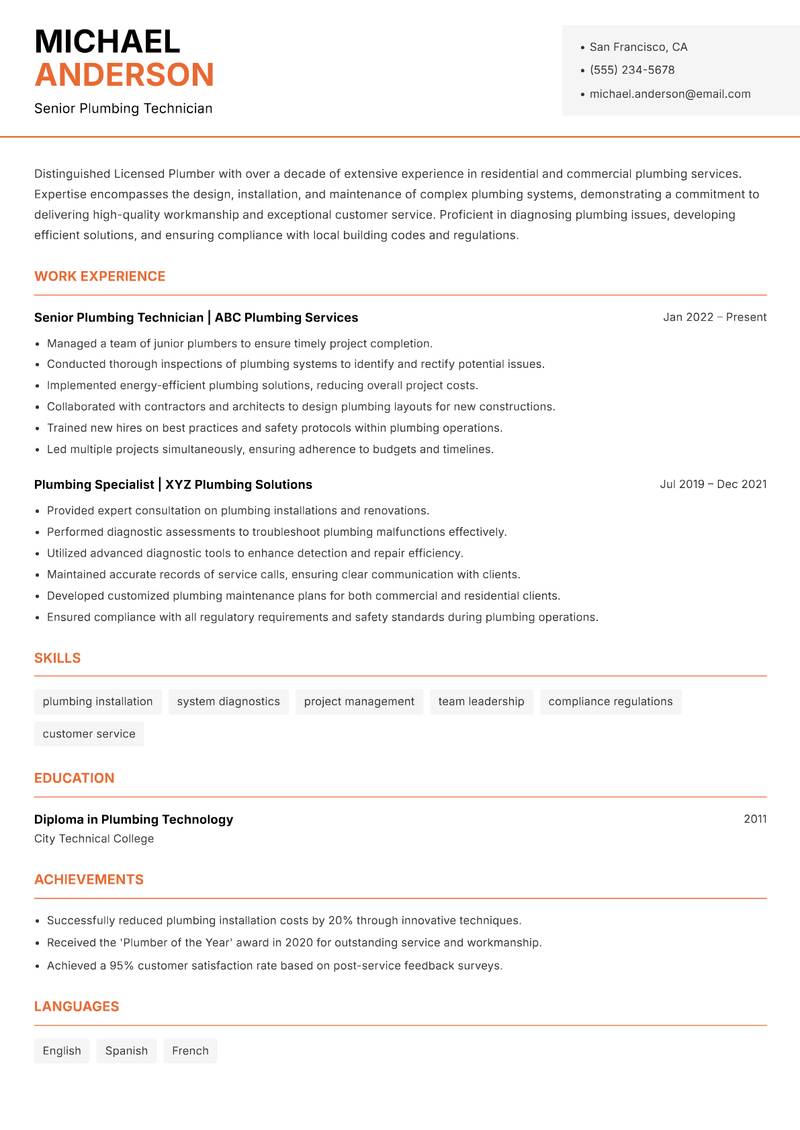 Licensed Plumber resume sample — Senior Plumbing Technician focus