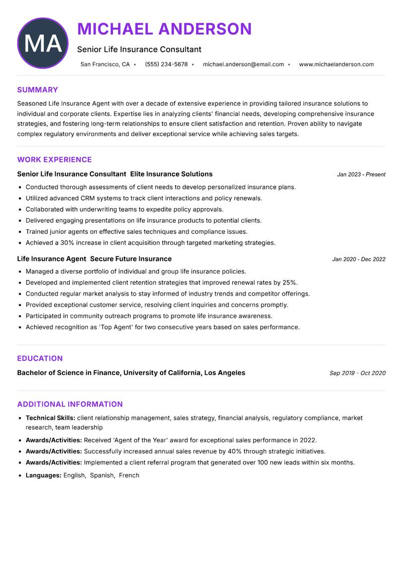 Life Insurance Agent resume example