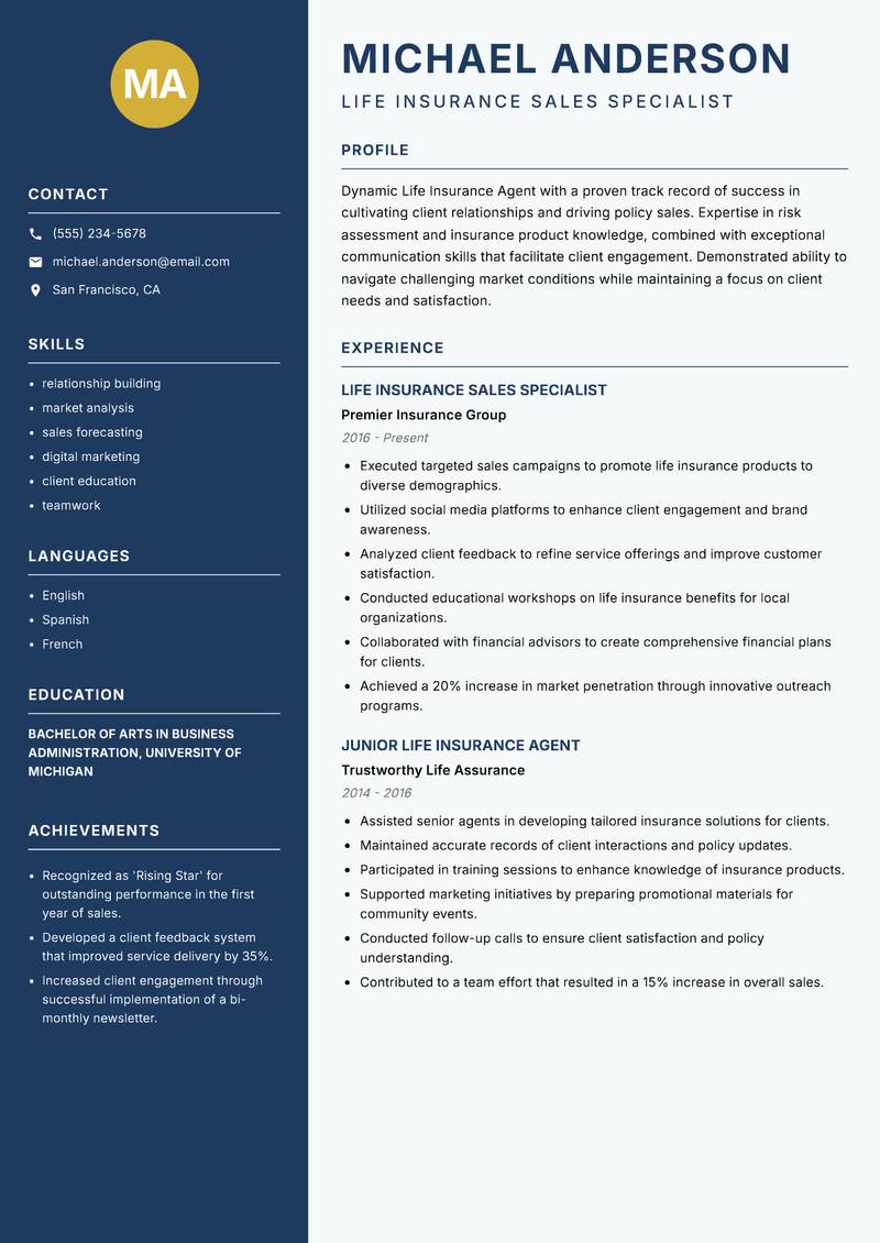 Life Insurance Agent resume sample — Life Insurance Sales Specialist focus