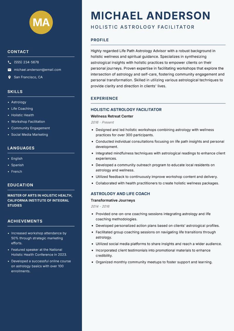 Life Path Astrology Advisor resume sample — Holistic Astrology Facilitator focus