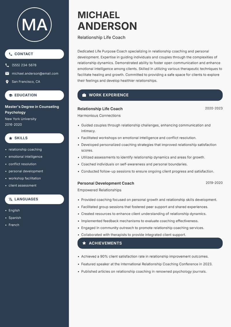 Life Purpose Coach resume sample — Relationship Life Coach focus