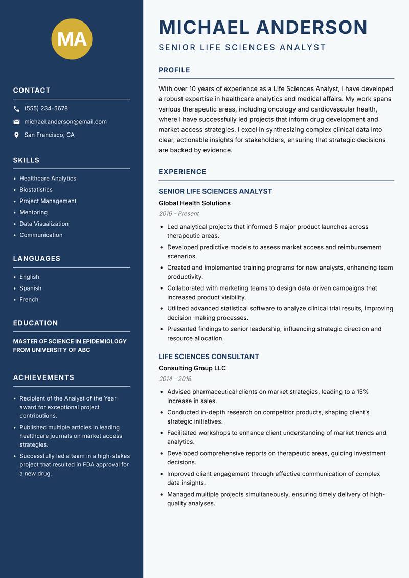 Life Sciences Analyst resume sample — Senior Life Sciences Analyst focus