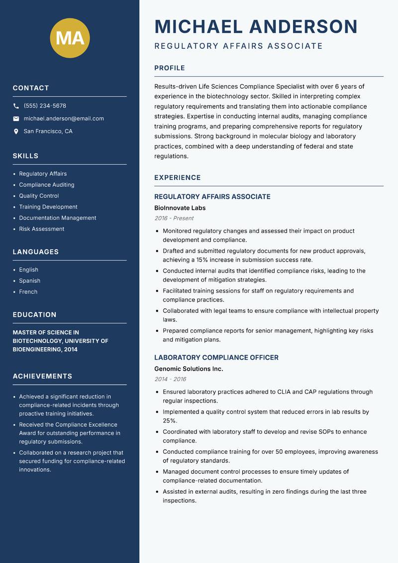 Life Sciences Compliance Specialist resume sample — Regulatory Affairs Associate focus
