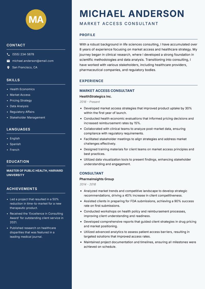 Life Sciences Consultant resume sample — Market Access Consultant focus