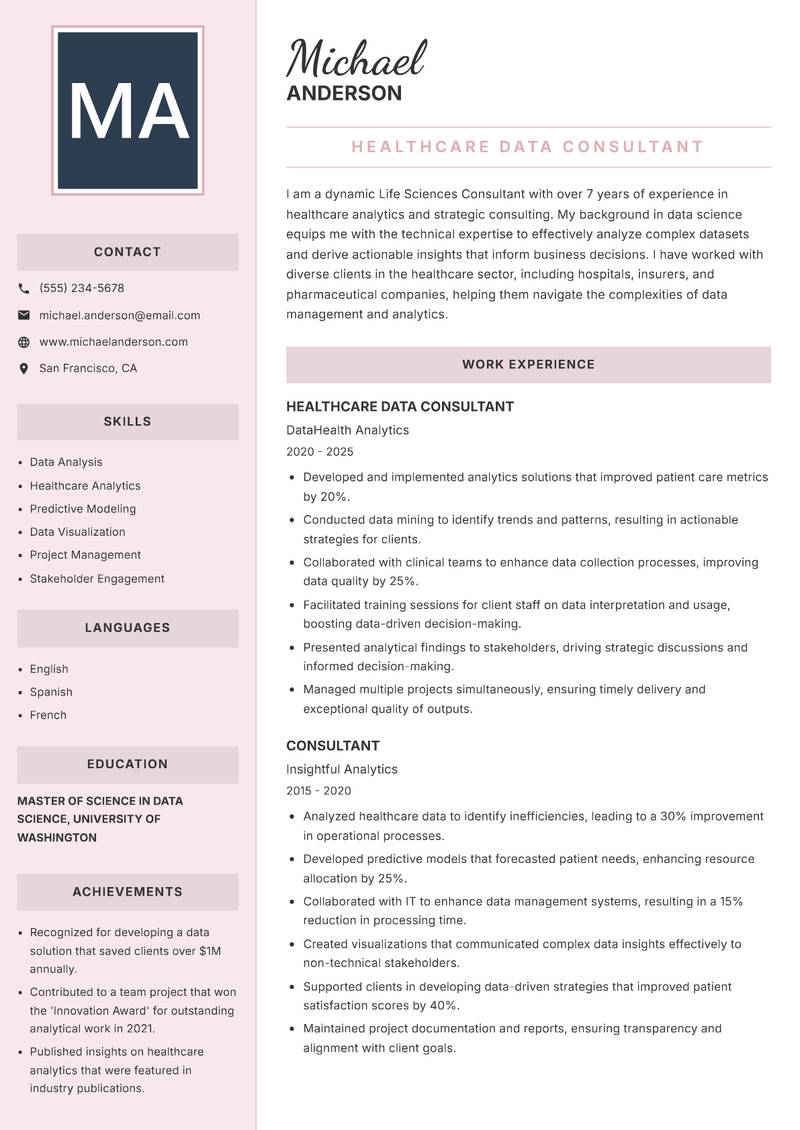 Life Sciences Consultant resume sample — Healthcare Data Consultant focus