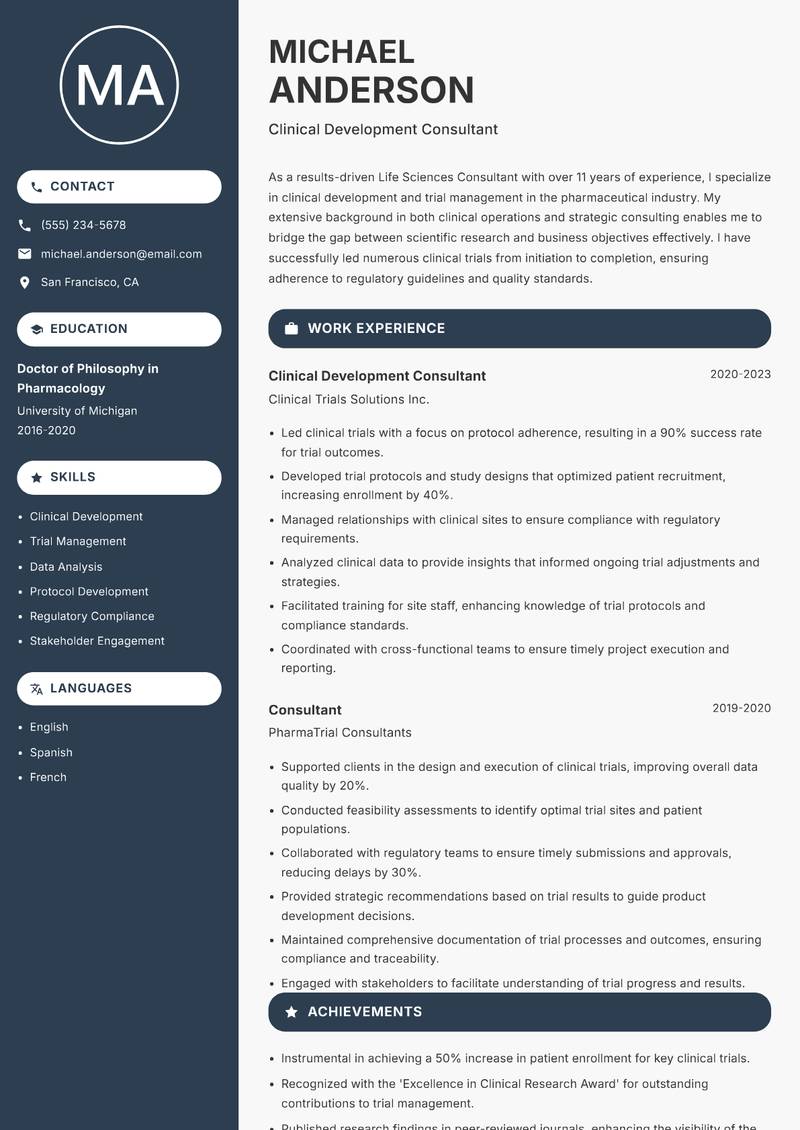 Life Sciences Consultant resume sample — Clinical Development Consultant focus