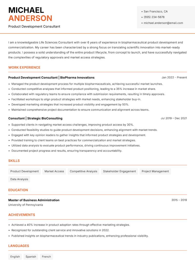 Life Sciences Consultant resume sample — Product Development Consultant focus