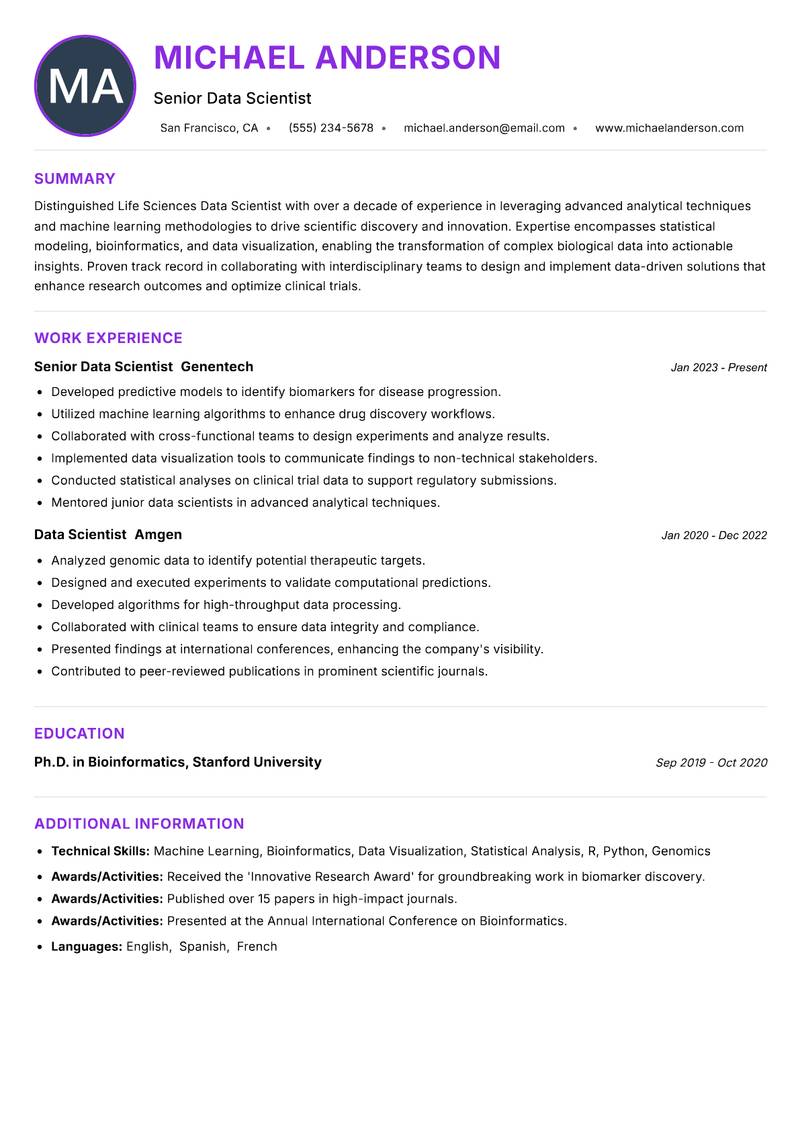 Life Sciences Data Scientist resume example
